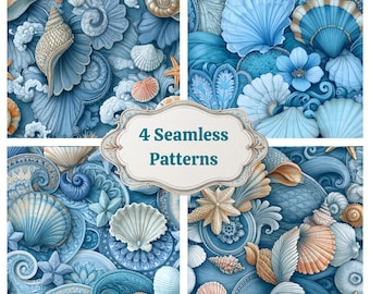 Seashell Seamless Pattern Set, Blue Coastal JPEG Backgrounds