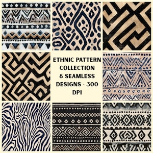 Op de afbeelding: Een collectie van acht naadloze patronen met zwarte, donkerblauwe en beige geometrische vormen, strepen en dierenprints. De centrale tekst luidt: ETHNIC PATTERN COLLECTION 8 SEAMLESS DESIGNS 300 DPI. Deze digitale ontwerpen tonen gevarieerde motieven.