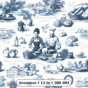 May include: A seamless blue and white toile pattern featuring a kitchen scene with a chef and a woman cooking. The design includes illustrations of bread, teapots, and a landscape. The text "Seamless • 12 in • 300 DPI" is at the bottom.