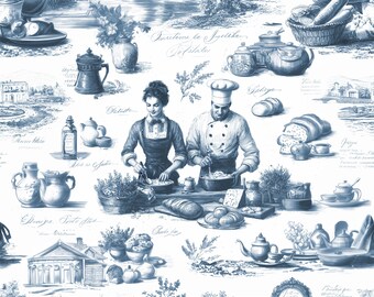 Seamless Pattern Toile du Jouy Vintage Kitchen Blue White 12x12 300 DPI
