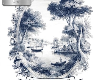 Blau Toile de Jouy Land Clipart, Romantische Küsten Sommerlandschaft PNG