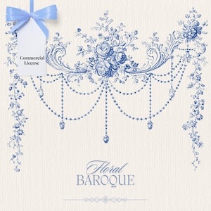 Könnte beinhalten: Blaues florales Barockdesign mit Rosen, Blättern und Perlenakzenten. Das Design enthält den Text "Floral Baroque" und ein Etikett mit dem Text "Commercial License".