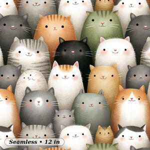 May include: A seamless pattern featuring a multitude of cartoon cats in various colors, including gray, orange, black, and white. The cats have smiling faces and are densely packed together. The text "Seamless • 12 in" is at the bottom.