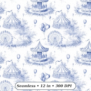 以下が含まれることがあります： 青と白のシームレスパターンで、サーカスをテーマにしています。デザインには、メリーゴーランド、観覧車、サーカスのテント、風船が含まれています。「Seamless • 12 in • 300 DPI」の文字が下にあります。