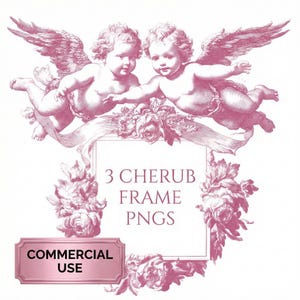 May include: Pink cherub illustration with two winged figures, floral accents, and a rectangular frame. Text reads "3 Cherub Frame PNGs" and "Commercial Use". The design is on a white background.