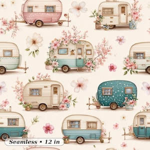 Vintage Caravan Floral Seamless Pattern, Glamping Trailer Digital Paper, Boho Camper Wallpaper, Travel Fabric, Scrapbook Mint and Blush