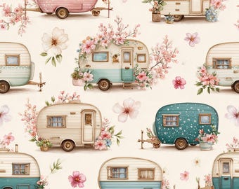 Floral Caravan Seamless Pattern: Boho Camper Digital Paper (12x12 JPEG File)