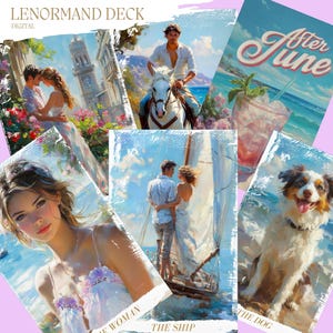 Puede incluir: Una baraja Lenormand digital con ilustraciones románticas. Las cartas representan parejas, un jinete, un cóctel y un perro. La baraja incluye cartas con las etiquetas "La Mujer", "El Barco" y "El Perro", sobre un fondo rosa.