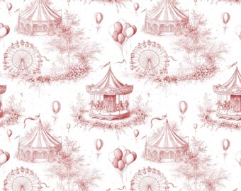 Rosa Toile Karneval-Muster - Nahtloses Messegelände Zelt, Karussell & Ballons, 12×12 JPEG, 300 DPI