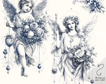 Clipart-Set Weihnachtsengel blau toile Chinoiserien Blumen 12 PNG