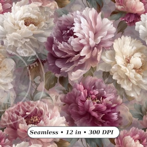 May include: Seamless floral pattern featuring large peony blooms in shades of pink, cream, and burgundy. The design includes the text "Seamless • 12 in • 300 DPI". The flowers are set against a soft, muted background.