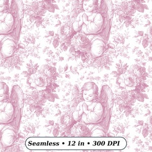 Puede incluir: Patrón sin costuras con un diseño repetitivo de ángeles querubines y elementos florales en tonos rosas sobre fondo blanco. La imagen incluye el texto "Seamless • 12 in • 300 DPI". El patrón mide 30,48 cm de ancho.