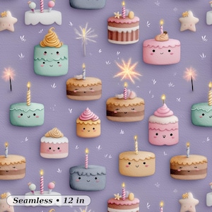 Puede incluir: Patrón sin costuras con varios pasteles de dibujos animados con velas encendidas, bengalas y formas de estrella sobre un fondo lavanda. El texto "Seamless • 12 in" está en la parte inferior. Los pasteles son rosas, azules, amarillos y marrones.