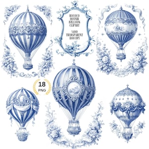 May include: A collection of blue and white Rococo hot air balloon clip art. The balloons feature intricate designs and are surrounded by floral and ribbon accents. The image includes text that reads "ROCOCO HOTAIR BALLOON CLIPART" and "18 PNG".