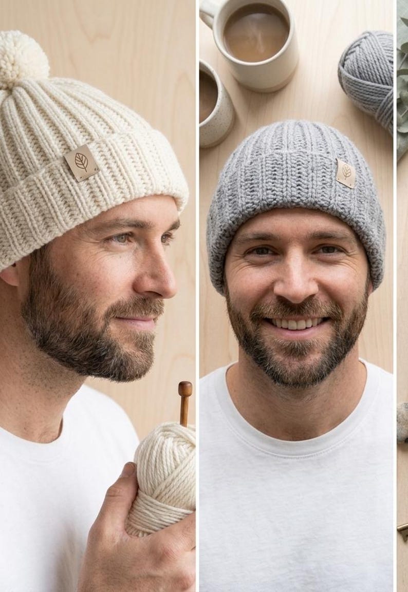 May include: A cream-colored ribbed knit beanie with a pom-pom and a light brown square tag featuring a leaf icon, alongside a grey ribbed knit beanie with a matching light brown square tag featuring a leaf icon, both made of yarn.