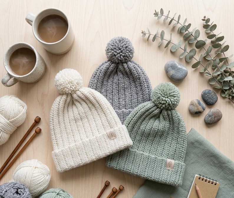 May include: Three knit beanies in cream, grey, and sage green, each featuring a ribbed texture, a matching pom-pom on top, and a small rectangular tag with a leaf icon on the folded cuff. The hats are arranged together on a light surface.