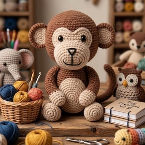 May include: A handmade crochet monkey doll with brown and beige yarn. The monkey is sitting on a wooden surface, surrounded by other crochet animals, yarn, and a basket of crochet hooks. A book titled "Tiny Creations Vol. III" is also visible.