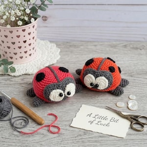 May include: Two handmade crochet ladybugs with red bodies, black spots, and grey heads featuring large white eyes. Beside them are a ball of grey yarn, a wooden crochet hook, a small pair of scissors, white buttons, and a card reading A Little Bit of Luck.