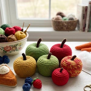 Puede incluir: Una colección de alimentos hechos a mano con ganchillo, que incluye manzanas de varios colores, una rebanada de pastel, arándanos y fresas. Un cuenco de hilo y ganchillos están en el fondo. La escena está ambientada sobre una superficie blanca.