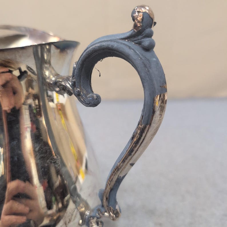 Vintage Silver Plated Water Pitcher Ornate Scroll Handle Pedestal Base Jug image 3