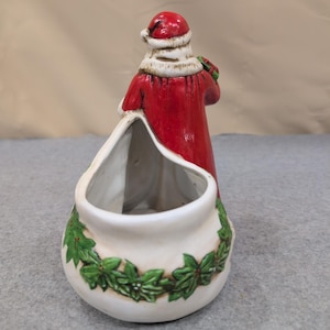 Claire Burke 1991 Ceramic Santa Claus Planter Candy Dish Red Green Holly image 5