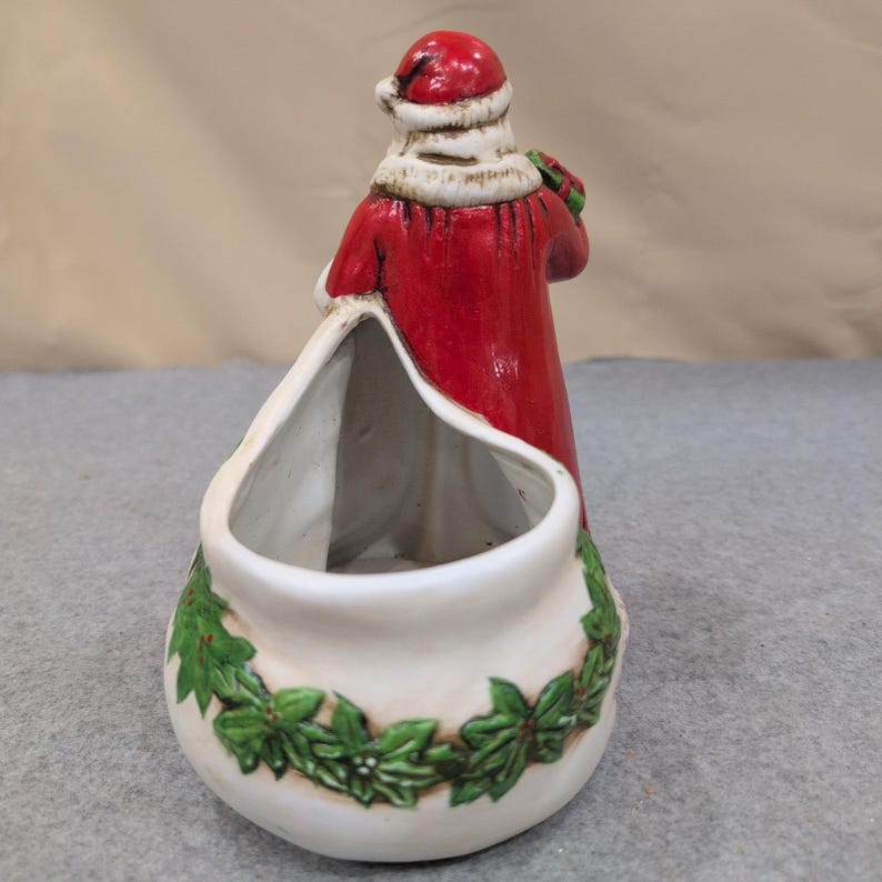 Claire Burke 1991 Ceramic Santa Claus Planter Candy Dish Red Green Holly image 5