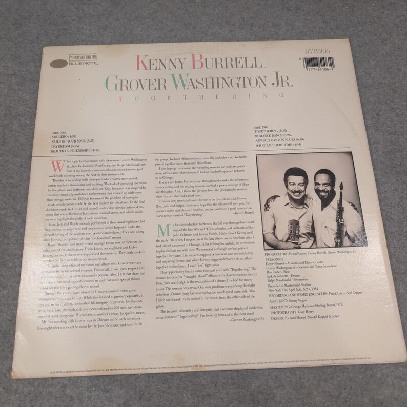 Kenny Burrell Grover Washington Jr Togethering Vinyl LP Blue Note BT 85106 1985 image 3