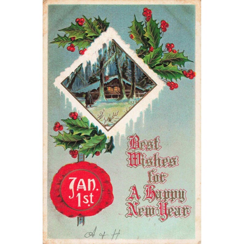Cartão-postal antigo de Ano Novo de 1911, cabana de inverno, Holly Union, NY, carimbo postal, selo de 1 centavo. imagem 1