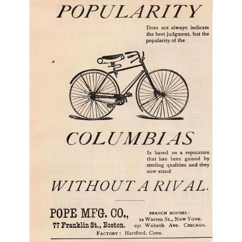 1891 Columbia Bicycle Advertisement Print Pope Manufacturing Co Without a Rival image 1