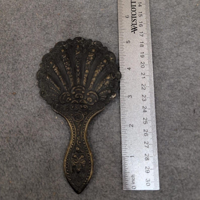 Antique Ornate Brass Hand Mirror Scalloped Shell Victorian Style Vanity Decor image 3