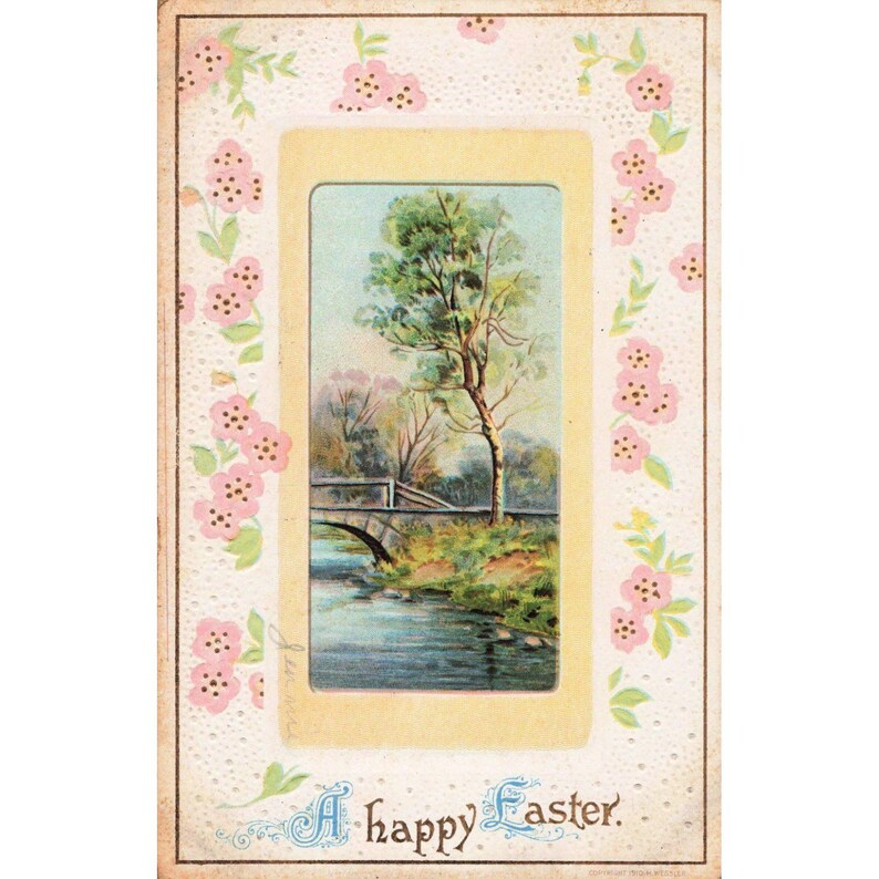 Vintage-Postkarte „Frohe Ostern“ von 1910, H. Wessler, geprägtes Landschaftsmotiv, Poststempel von 1912 Bild 1
