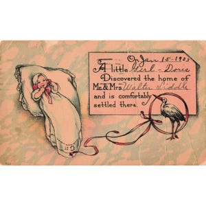 Vintage 1923 Baby Birth Announcement Postcard Stork Milwaukee Wisconsin Doris image 1