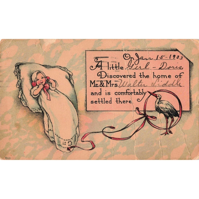 Vintage 1923 Baby Birth Announcement Postcard Stork Milwaukee Wisconsin Doris image 1