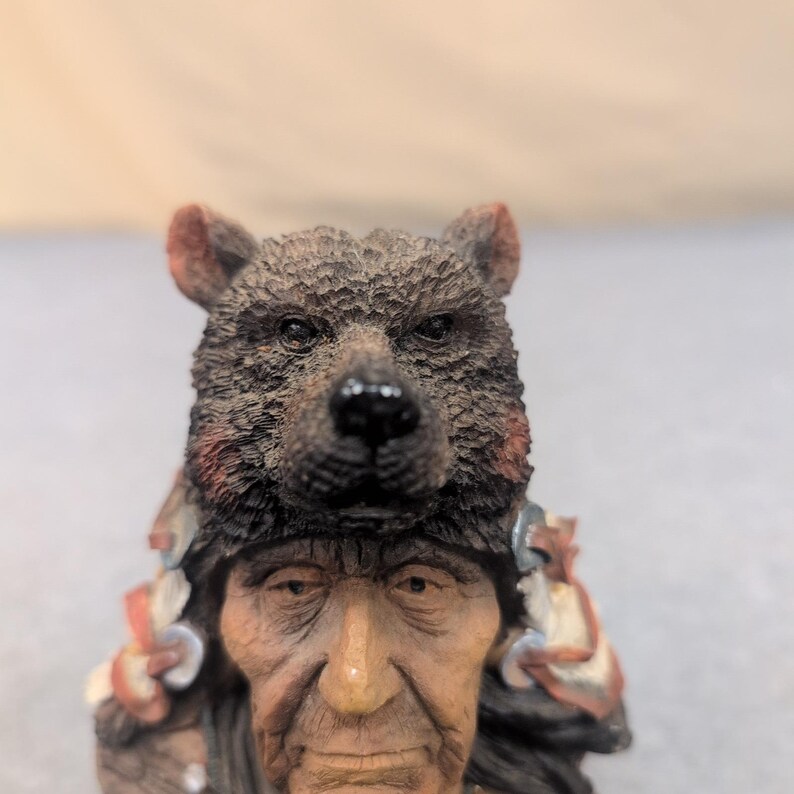 Native American Chief Bust Bear Headdress Feather Necklace Figurine Statue image 2