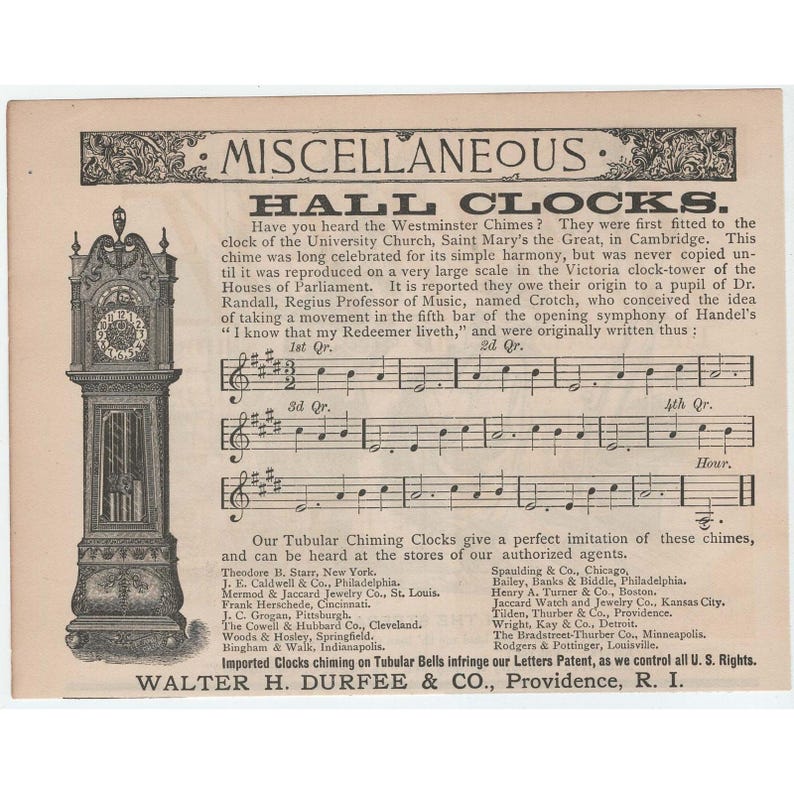 1891 Walter H Durfee Hall Clocks Westminster Chimes Print Ad Providence RI Art image 1
