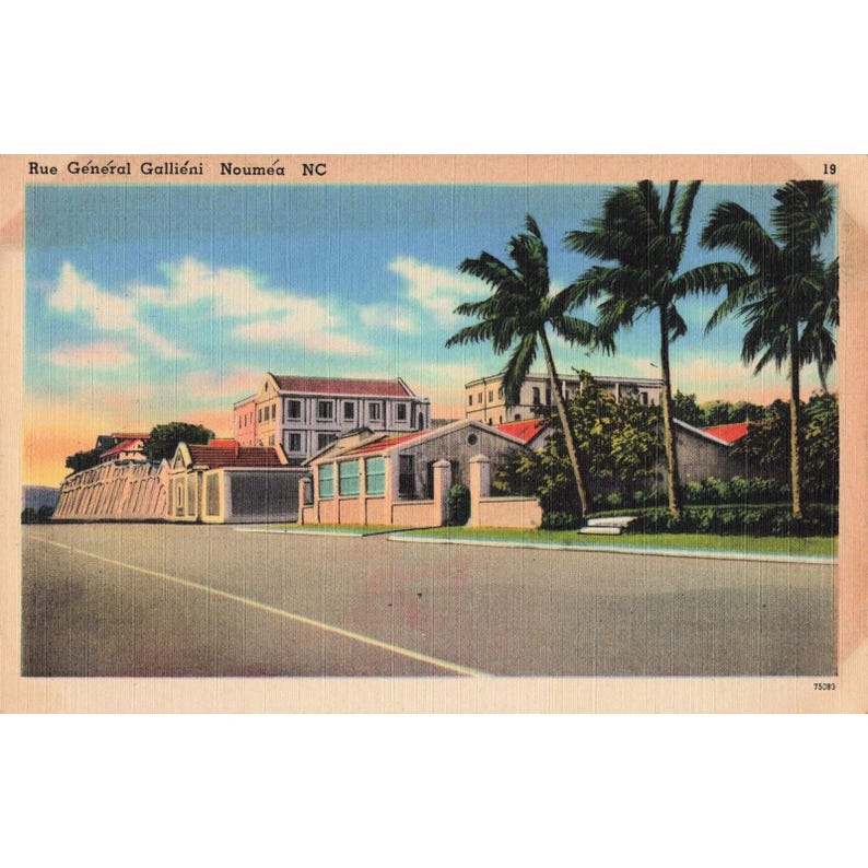 Cartão-postal vintage da década de 1940 da Rua General Gallieni, Nouméa, Carolina do Norte, com palmeiras e paisagem costeira. imagem 1