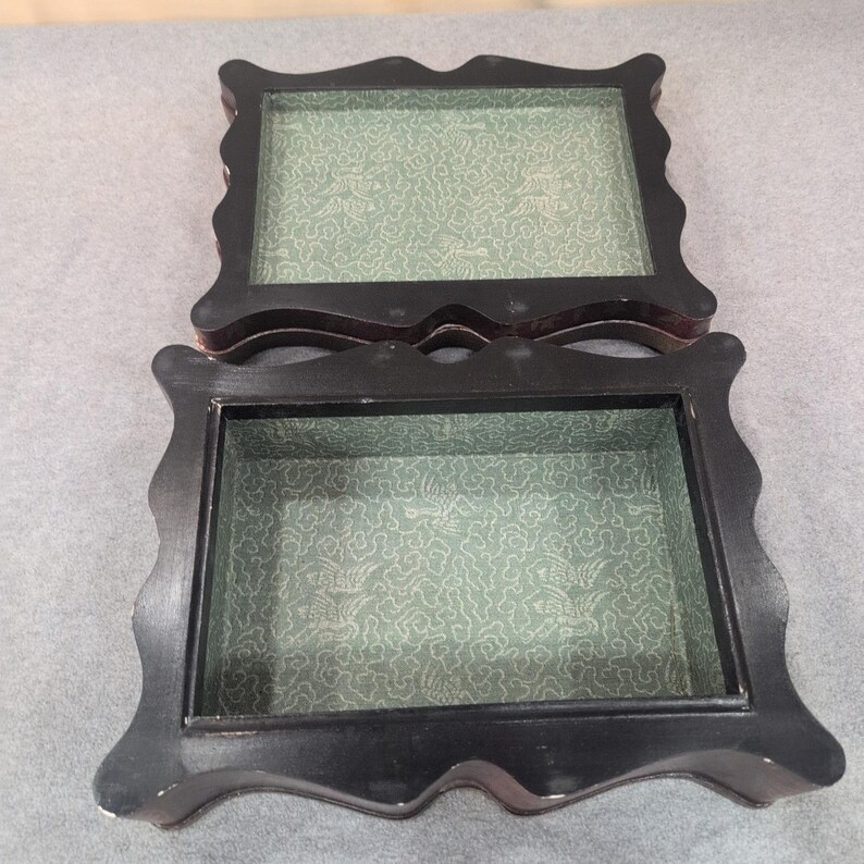 Chalkware Trinket Box Faux Wood Finish Gold Floral Vine Stencil Scalloped Edge image 4