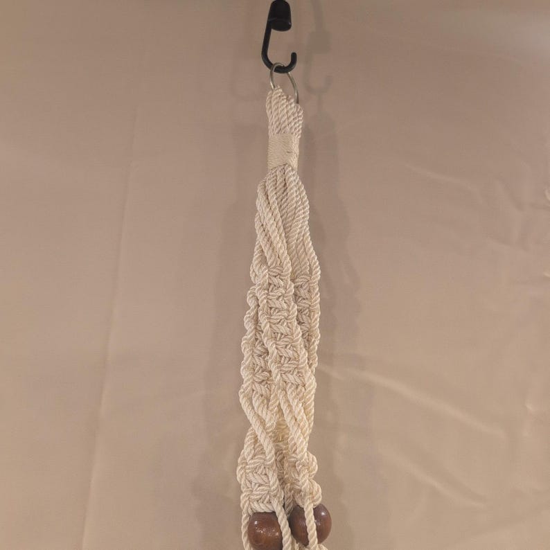 Vintage Macrame Plant Hanger Cream Rope Wood Beads Boho Indoor Outdoor Decor image 5