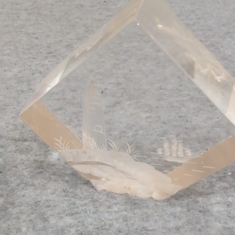 Vtg Intaglio Etched Nautical Lighthouse Ship Clear Cube Paperweights Set of 2 image 3