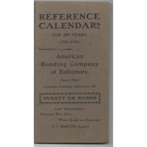 Vintage 1894 Reference Calendars 1776-1976 American Bonding Co Baltimore Booklet image 1