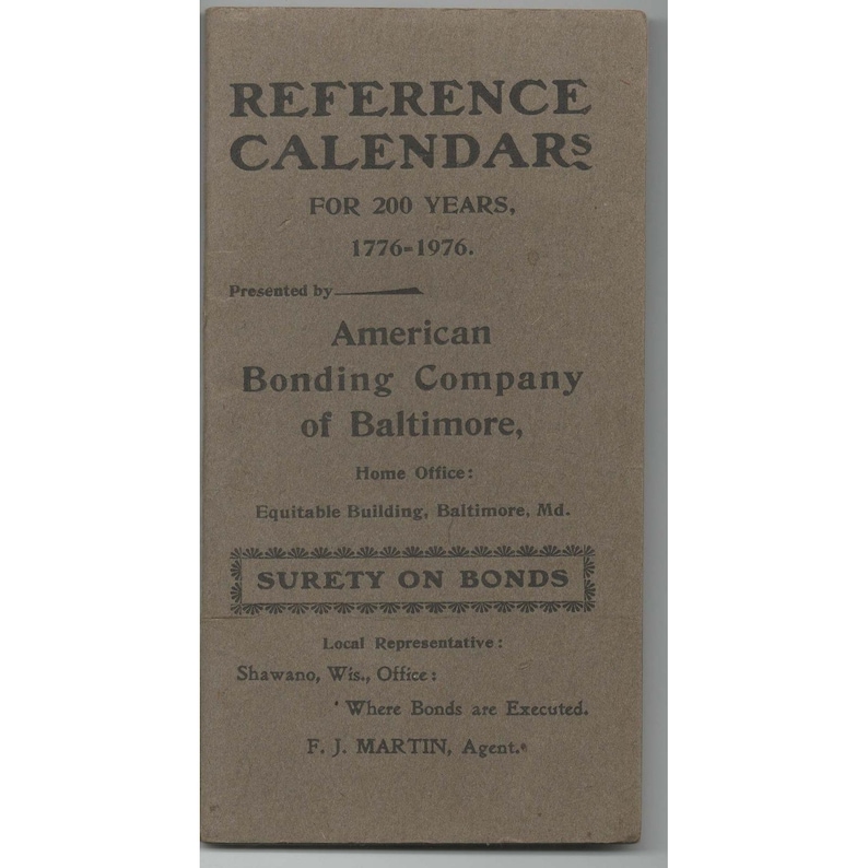Vintage 1894 Reference Calendars 1776-1976 American Bonding Co Baltimore Booklet image 1