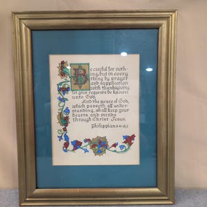 Rosemary Kenney Philippians 4:6,7 Calligraphy Art Framed Illuminated Scripture image 1