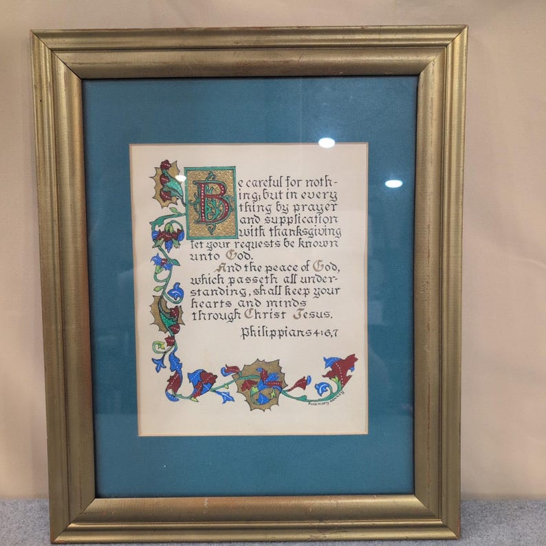 Rosemary Kenney Philippians 4:6,7 Calligraphy Art Framed Illuminated Scripture image 1