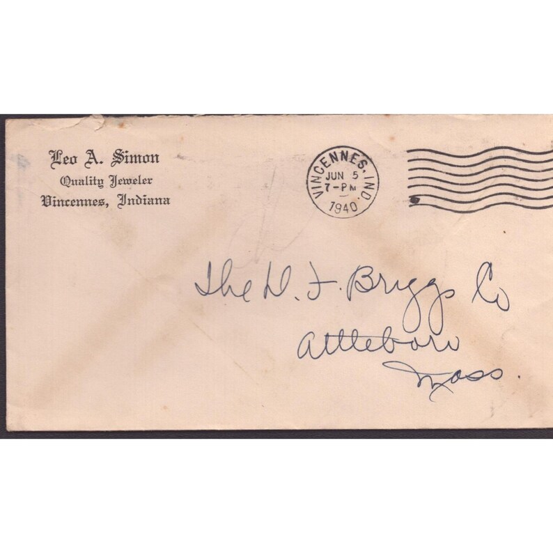 Vintage 1940 Leo A Simon Jeweler Vincennes Indiana Advertising Envelope Postmark image 1
