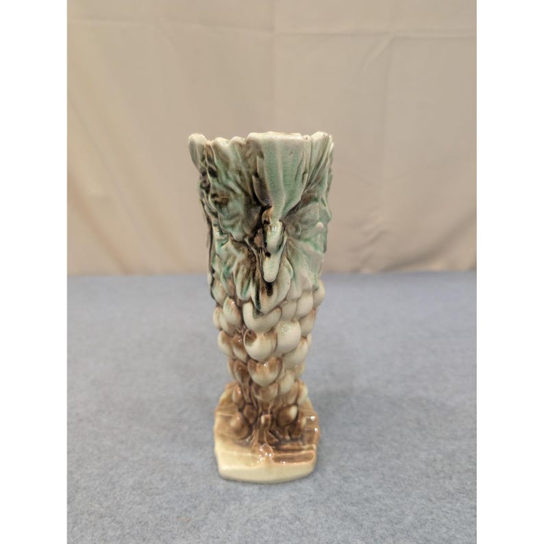 Vintage McCoy Pottery Grape and Leaf Relief Planter Green Brown Glaze Ceramic image 2