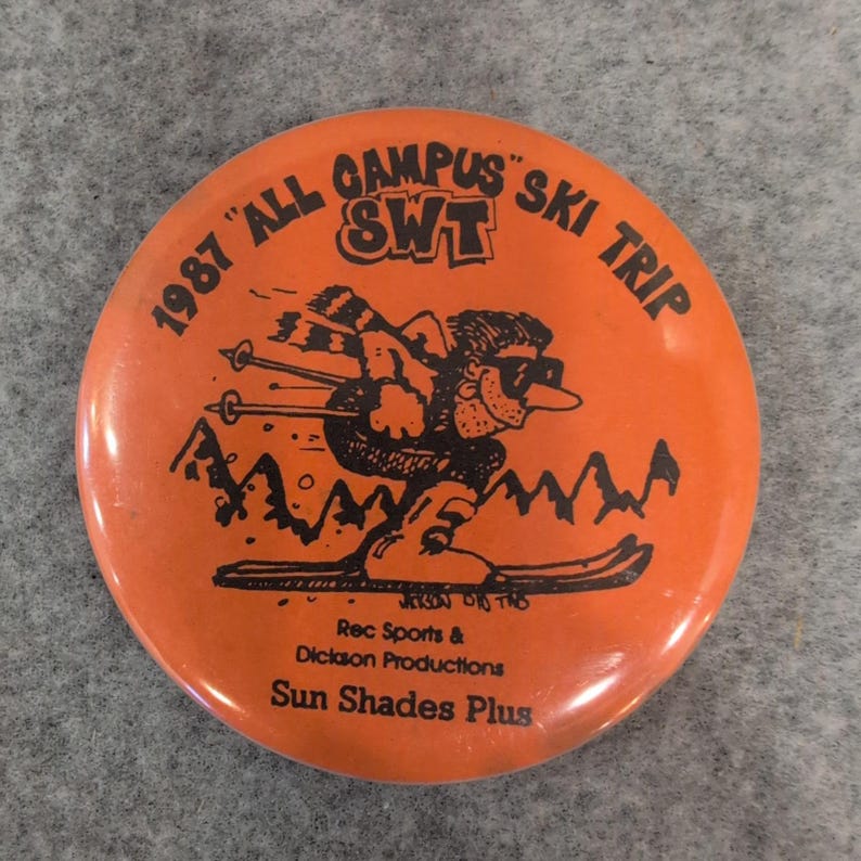 1987 All Campus Ski Trip SWT Button Pin Vtg Orange Skiing Auburn University image 1