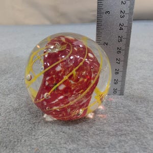 Art Glass Paperweight Red White Mottled Core Yellow Swirl Controlled Bubbles image 5