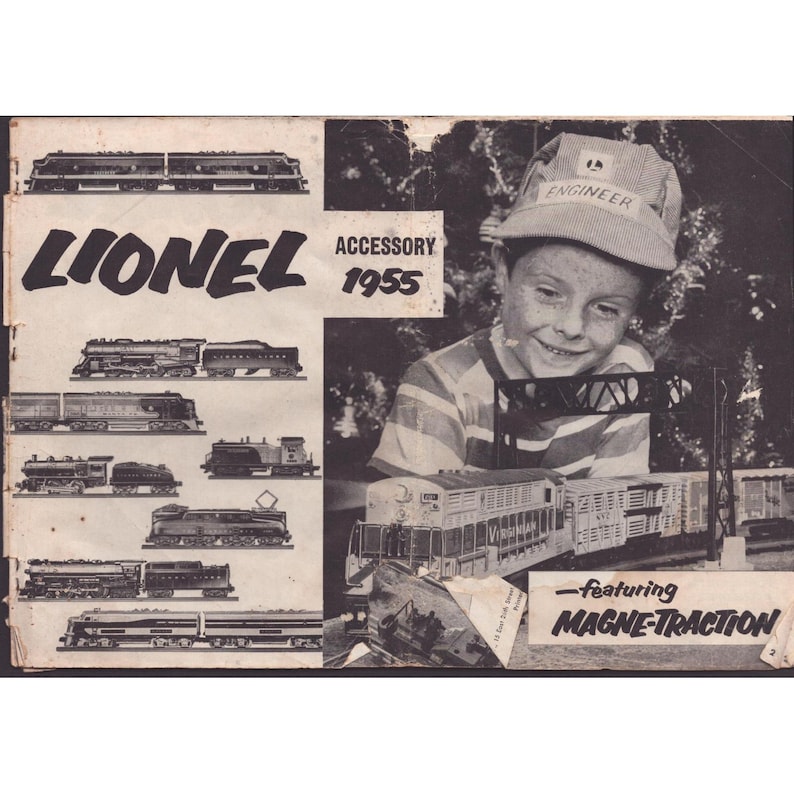 Vintage Lionel Zubehörkatalog von 1955 Modelleisenbahn Magnet-Traktionstransformatoren Bild 1