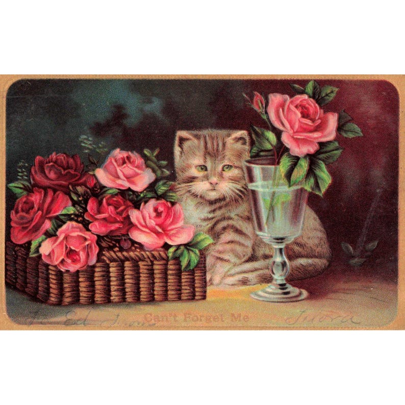 Carte postale ancienne, chaton tigré, roses, lithographie « Je ne peux pas m'oublier », non oblitérée, A 663 image 1