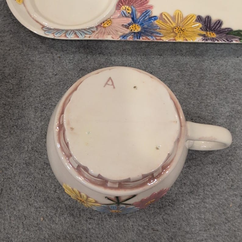 Vintage Aurillia Hand Painted Floral Ceramic Snack Set Cup and Tray 4pc VG image 4